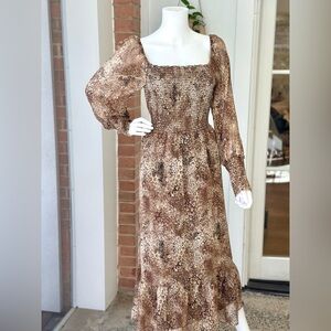 Betsey Johnson Animal Print Smocked Midi Dress Long-Sleeve - Size Large
